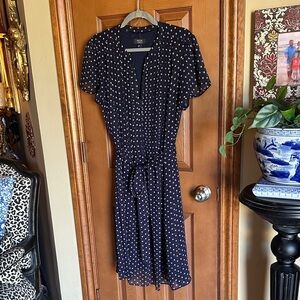 Women’s MSK Navy and Lavender Polka Dot Dress with Tie Waist, size 18